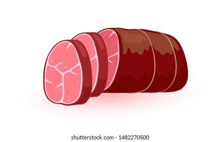 Red fat sausage, kielbasa, salami, mortadella, pepperoni with slices. Vector cartoon illustration of meat product isolated on white for packing, label desing, advertisement of butchery, meaty factory.