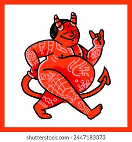 Red Fat Vintage devil isolated on white background. Demon with tattoo. Vector illustration in flat cartoon style.