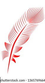 Red feather on white background, isolated. Ease, letter, flight
