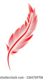 Red feather on white background, isolated. Ease, letter, flight