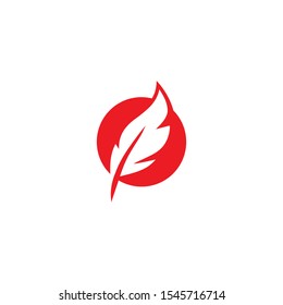 Red Feather Pen Logo Design Icon.  Vector Illustration