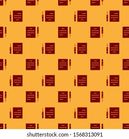 Red Feather pen and paper scroll icon isolated seamless pattern on brown background.  Vector Illustration