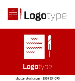 Red Feather pen and paper scroll icon isolated on white background. Logo design template element. Vector Illustration
