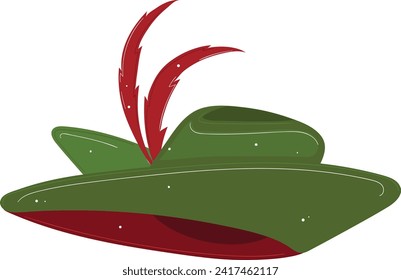 Red feather sticking out of a green hat. Classic Peter Pan hat with a red feather, accessory design vector illustration.