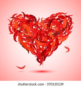 Red feathers heart shaped. Vector illustration