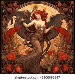 Red Feathers of Heaven -  illustration of a graceful angel, surrounded by intricate floral designs 