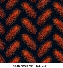 Red feathers on a black background. Seamless vector illustration. Colorful texture for wrapping paper, web, wallpaper, textile, scrapbooking, print etc. Creative feathers background. 