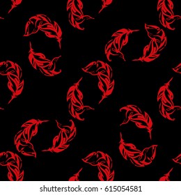 Red feathers seamless pattern on black background. Fashion graphic design. Vector illustration