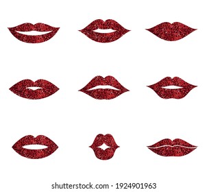 Red female glossy lips collection of  various emotions. kiss ,smile, beauty , etc.