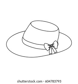 Red female hat with a bow. Summer hat for adult women.  Woman clothes single icon in outline style vector symbol stock illustration.