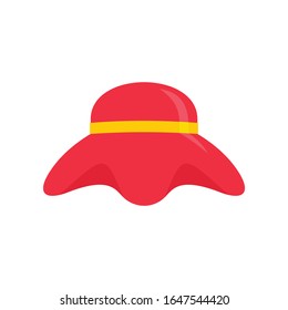 Icono de sombrero rojo hembra plana. Sombrero femenino vectorial rojo de estilo plano aislado sobre fondo blanco. Elemento para web, juegos y publicidad