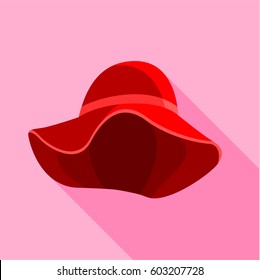 Red female hat with wide brim icon. Flat illustration of red female hat with wide brim vector icon for web