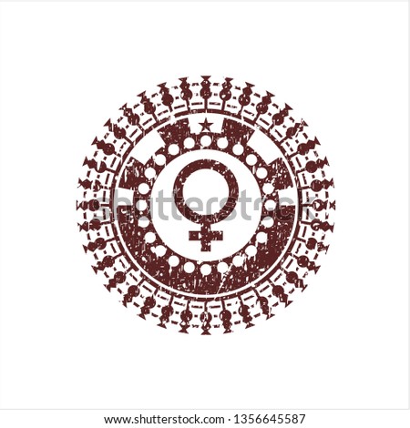 Red female icon inside grunge stamp