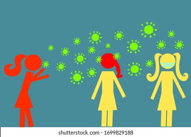 Red female icon sneezing or coughing  , female icon with read head and yellow body, yellow female icon ware face mask. Germs or virus is in green spreading in the air. disease prevention.. 