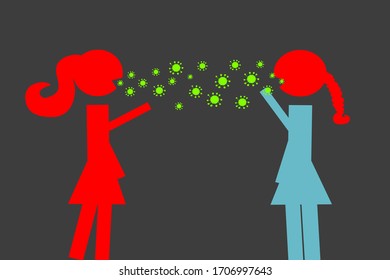 Red female icon is talking with red head and blue body female icon. It has green virus floating in the air. Disease infection concept. Covid-19 or coronavirus infection. Illustration vector.
