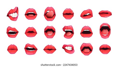 Red female lips. Cartoon woman mouth with different emotions kiss smile tongue out, impudent plump girl lip expressions. Vector colorful set of female mouth cartoon woman illustration