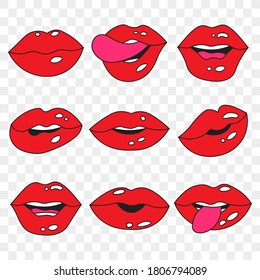 Red female lips collection, different shapes with black outline, isolated vector illustration.