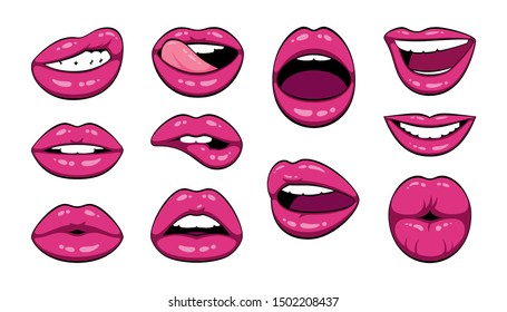 Red female lips collection. Vector illustration of sexy woman's lips. Smile, kiss. Isolated on white background.