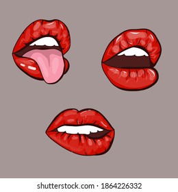 Colección de labios hembra rojos. Ilustración vectorial de los labios de una mujer sexy. Ilustración vectorial aislada en fondo blanco.