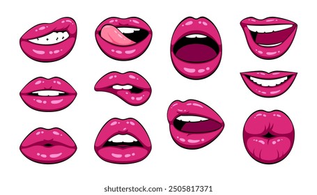 Colección de labios femeninos rojos. Ilustración vectorial de labios de mujer sexy. Sonríe, besa. Aislado sobre fondo blanco.