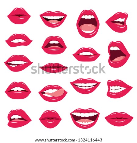 Red female lips collection. Vector illustration of sexy woman's lips expressing different emotions