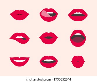 Red female lips collection. Collection of woman's lips expressed differernt emotions. Vector illustration of sexy woman's lips. Smile, kiss. beauty concept, Pop art, Trendy background.