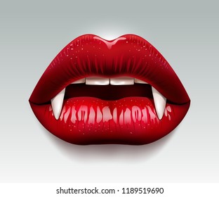 Red Female Lips With Fangs, Vampire, Woman Vamp, Teeth. Festive Poster, Abstract Background. 3D Effect. Vector Illustration. EPS10