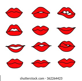 red female lips icon. set. black and white vector illustration