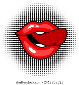 Los labios rojos femeninos sobre un fondo retro puntado. Ilustración vintage al estilo de arte pop de los años 90. Pegatina, vector