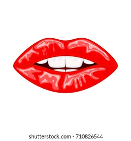 Red female lips and teeth isolated on white background, illustration.