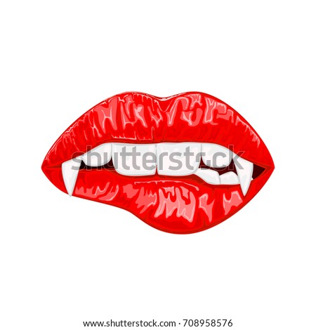 Red female lips with vampire fangs isolated on white background, illustration.