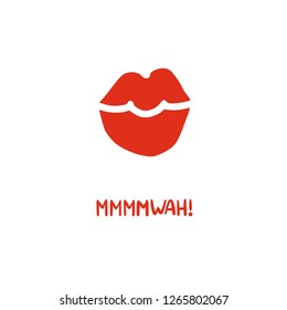 Red female lips. Vector illustration. Cute doodle kiss sybol. Hand drawn with hand lettering Mmmwah! Valentines holiday card.