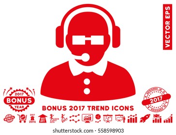 Red Female Operator icon with bonus 2017 year trend icon set. Vector illustration style is flat iconic symbols, white background.