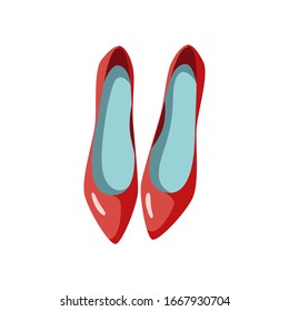 Red female shoes in cartoon style. Top view. Vector Illustration Isolated on white background.