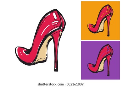 Red female shoes with high heels. Vector image with beautiful red shoes on white, yellow and purple background.