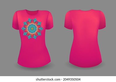 Red female t shirt realistic template with mandala. Front and back view. Vector