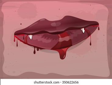 Red feminine lips in blood. Vampire lips. Vector vintage illustration.
