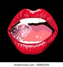 Red feminine lips keep the ice on a black background. Sexy lips logo. Open mouth. Erotic card. Hand drawing. Vector illustration.