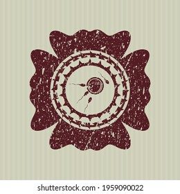 Red fertilization icon inside distressed rubber grunge texture seal. 