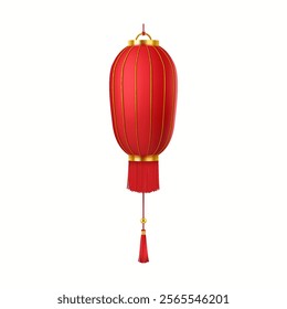 Red festive Asian lantern with tassel decor realistic vector illustration. Chinese paper lamp spreading holiday atmosphere 3d object on white