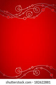 Red festive background with curls from shining lines and sparkles