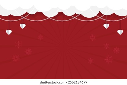 Red festive background featuring paper clouds and heart decorations, perfect for Christmas cards, banners, and holiday designs