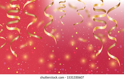 Red festive background with gold ribbons. Design for Christmas, New year, birthday, anniversary and other holidays. Vector illustration.