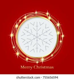 Red festive background with a gray snowflake and space for text.