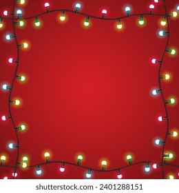 Red festive background with multicolored electric garland light