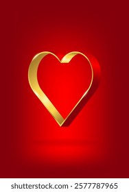 Red festive background, postcard, cover with heart-shaped ribbon. Valentine's Day. Red gold heart