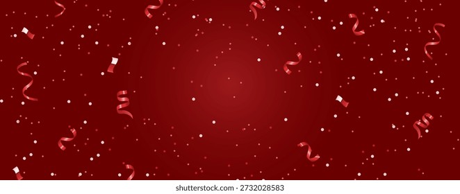 Red festive background with streamers and confetti for Valentine's Day. Vector horizontal banner with falling red ribbons and sparks on dark red color background with copy space.