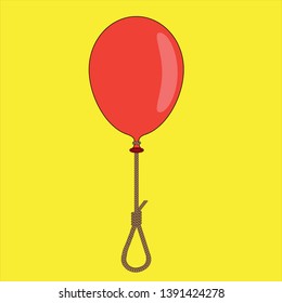 Red festive ball and loop gallows. Black humor.Suicide, depression. Mood change. Vector image.