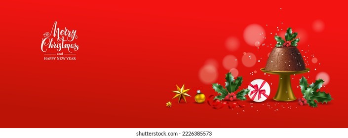 Red festive banner with Christmas pudding, decor and holly branches. Winter template with place for text.
