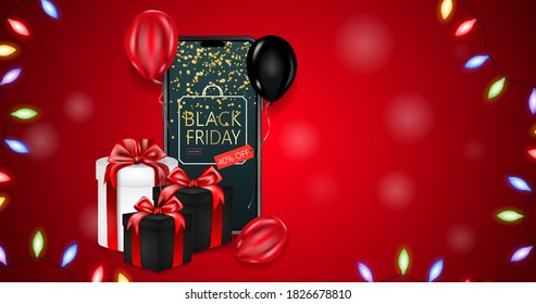 
Red festive banner with mobile phone, gift boxes, balloons and garland frame.Only today, Special offer, Black Friday Sale and discount week, up to 40% off.Stock vector illustration